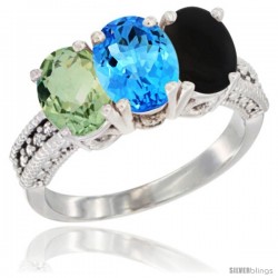 14K White Gold Natural Green Amethyst, Swiss Blue Topaz & Black Onyx Ring 3-Stone 7x5 mm Oval Diamond Accent