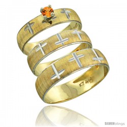 10k Gold 3-Piece Trio Orange Sapphire Wedding Ring Set Him & Her 0.10 ct Rhodium Accent Diamond-cut Pattern -Style 10y508w3