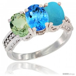 14K White Gold Natural Green Amethyst, Swiss Blue Topaz & Turquoise Ring 3-Stone 7x5 mm Oval Diamond Accent