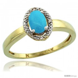 10k Yellow Gold Diamond Halo Sleeping Beauty Turquoise Ring 0.75 Carat Oval Shape 6X4 mm, 3/8 in (9mm) wide