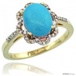 10k Yellow Gold Diamond Halo Turquoise Ring 1.65 Carat Oval Shape 9X7 mm, 7/16 in (11mm) wide