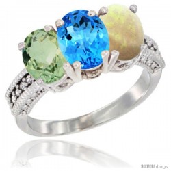 14K White Gold Natural Green Amethyst, Swiss Blue Topaz & Opal Ring 3-Stone 7x5 mm Oval Diamond Accent