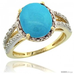 10k Yellow Gold Diamond Halo Sleeping Beauty Turquoise Ring 2.85 Carat Oval Shape 11X9 mm, 7/16 in (11mm) wide