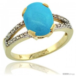 10k Yellow Gold and Diamond Halo Sleeping Beauty Turquoise Ring 2.4 carat Oval shape 10X8 mm, 3/8 in (10mm) wide