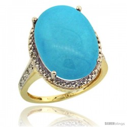 10k Yellow Gold Diamond Sleeping Beauty Turquoise Ring 13.56 Carat Oval Shape 18x13 mm, 3/4 in (20mm) wide