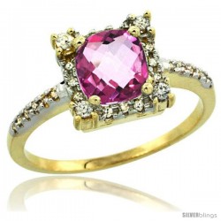 14k Yellow Gold Diamond Halo Pink Topaz Ring 1.2 ct Checkerboard Cut Cushion 6 mm, 11/32 in wide