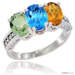 14K White Gold Natural Green Amethyst, Swiss Blue Topaz & Whisky Quartz Ring 3-Stone 7x5 mm Oval Diamond Accent