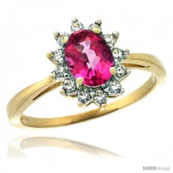 14k Yellow Gold Diamond Halo Pink Topaz Ring 0.85 ct Oval Stone 7x5 mm, 1/2 in wide