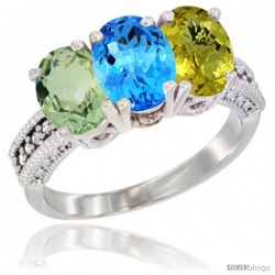 14K White Gold Natural Green Amethyst, Swiss Blue Topaz & Lemon Quartz Ring 3-Stone 7x5 mm Oval Diamond Accent