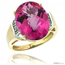 14k Yellow Gold Diamond Pink Topaz Ring 9.7 ct Large Oval Stone 16x12 mm, 5/8 in wide