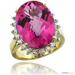 14k Yellow Gold Diamond Halo Pink Topaz Ring 10 ct Large Oval Stone 18x13 mm, 7/8 in wide