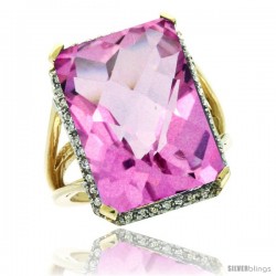 14k Yellow Gold Diamond Pink Topaz Ring 14.96 ct Emerald shape 18x13 mm Stone, 13/16 in wide