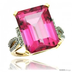 14k Yellow Gold Diamond Pink Topaz Ring 12 ct Emerald Shape 16x12 Stone 3/4 in wide