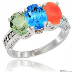 14K White Gold Natural Green Amethyst, Swiss Blue Topaz & Coral Ring 3-Stone 7x5 mm Oval Diamond Accent