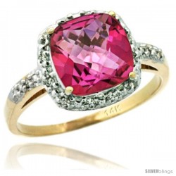 14k Yellow Gold Diamond Pink Topaz Ring 2.08 ct Cushion cut 8 mm Stone 1/2 in wide