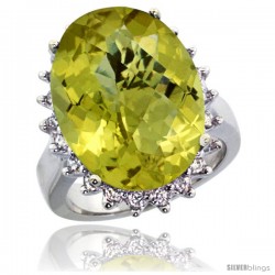 10k White Gold Diamond Halo Lemon Quartz Ring 10 ct Large Oval Stone 18x13 mm, 7/8 in wide