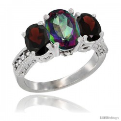 14K White Gold Ladies 3-Stone Oval Natural Mystic Topaz Ring with Garnet Sides Diamond Accent