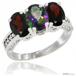 14K White Gold Natural Mystic Topaz & Garnet Sides Ring 3-Stone 7x5 mm Oval Diamond Accent