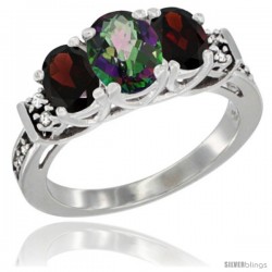 14K White Gold Natural Mystic Topaz & Garnet Ring 3-Stone Oval with Diamond Accent