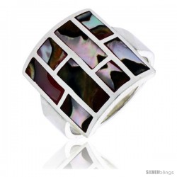 Sterling Silver Square-shaped Shell Ring, w/Brown & White Mother of Pearl Inlay, 13/16" (21 mm) wide