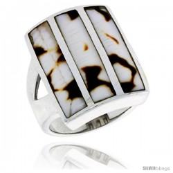 Sterling Silver Striped Rectangular Shell Ring, w/Brown & White Mother of Pearl Inlay, 7/8" (23 mm) wide