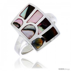 Sterling Silver Striped Rectangular Shell Ring, w/Colorful Mother of Pearl Inlay, 13/16" (21 mm) wide