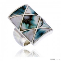 Sterling Silver Crisscross Rectangular Shell Ring, w/Black & White Mother of Pearl Inlay, 15/16" (24 mm) wide