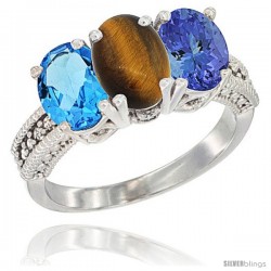 14K White Gold Natural Swiss Blue Topaz, Tiger Eye & Tanzanite Ring 3-Stone 7x5 mm Oval Diamond Accent