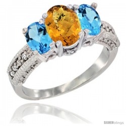 14k White Gold Ladies Oval Natural Whisky Quartz 3-Stone Ring with Swiss Blue Topaz Sides Diamond Accent