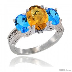 14K White Gold Ladies 3-Stone Oval Natural Whisky Quartz Ring with Swiss Blue Topaz Sides Diamond Accent