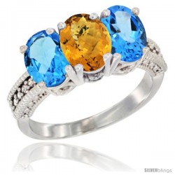 14K White Gold Natural Whisky Quartz & Swiss Blue Topaz Sides Ring 3-Stone 7x5 mm Oval Diamond Accent