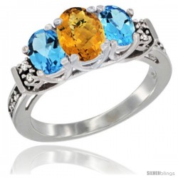 14K White Gold Natural Whisky Quartz & Swiss Blue Topaz Ring 3-Stone Oval with Diamond Accent