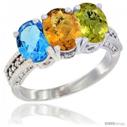 14K White Gold Natural Swiss Blue Topaz, Whisky Quartz & Lemon Quartz Ring 3-Stone 7x5 mm Oval Diamond Accent