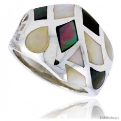 Sterling Silver Freeform Shell Ring, w/Black & White Mother of Pearl Inlay, 3/4" (19 mm) wide