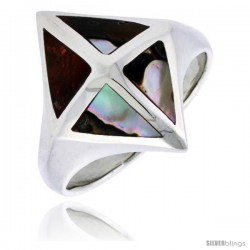 Sterling Silver Diamond-shaped Shell Ring, w/Brown & White Mother of Pearl Inlay, 7/8" (22 mm) wide