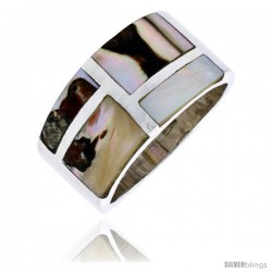 Sterling Silver Flat Band, w/Brown & White Mother of Pearl Inlay, 1/2" (13 mm) wide