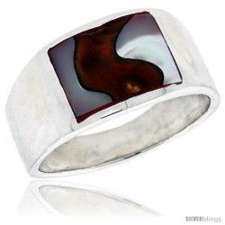 Sterling Silver Flat Band, w/Colorful Mother of Pearl Inlay, 7/16" (11 mm) wide