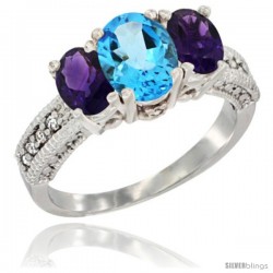 10K White Gold Ladies Oval Natural Swiss Blue Topaz 3-Stone Ring with Amethyst Sides Diamond Accent