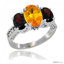 14K White Gold Ladies 3-Stone Oval Natural Citrine Ring with Garnet Sides Diamond Accent