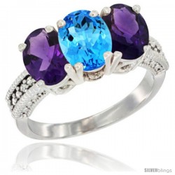 10K White Gold Natural Swiss Blue Topaz & Amethyst Sides Ring 3-Stone Oval 7x5 mm Diamond Accent