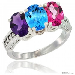 10K White Gold Natural Amethyst, Swiss Blue Topaz & Pink Topaz Ring 3-Stone Oval 7x5 mm Diamond Accent