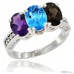 10K White Gold Natural Amethyst, Swiss Blue Topaz & Smoky Topaz Ring 3-Stone Oval 7x5 mm Diamond Accent