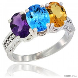 10K White Gold Natural Amethyst, Swiss Blue Topaz & Citrine Ring 3-Stone Oval 7x5 mm Diamond Accent