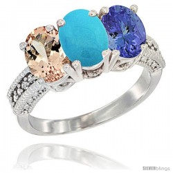 14K White Gold Natural Morganite, Turquoise & Tanzanite Ring 3-Stone Oval 7x5 mm Diamond Accent