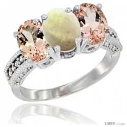 14K White Gold Natural Opal & Morganite Sides Ring 3-Stone Oval 7x5 mm Diamond Accent