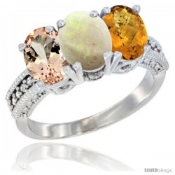 14K White Gold Natural Morganite, Opal & Whisky Quartz Ring 3-Stone Oval 7x5 mm Diamond Accent