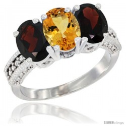 14K White Gold Natural Citrine & Garnet Sides Ring 3-Stone 7x5 mm Oval Diamond Accent