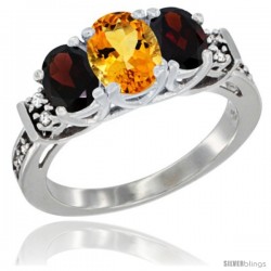 14K White Gold Natural Citrine & Garnet Ring 3-Stone Oval with Diamond Accent