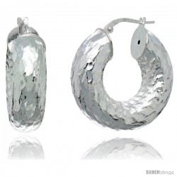 Sterling Silver Hoop Earrings Hammered Finish Very Fat, 1 in diameter