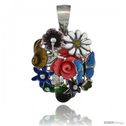 Sterling Silver Multi Color Enamel Butterfly & Flowers Pendant, 15/16 in. (24 mm) tall